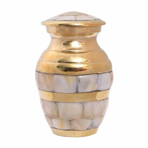 Premium Quality Brass Mother Of Pearl Cremation Urns For Human Ashes Adult Handmade Metal Urn Golden Shining Brass Metal Urn