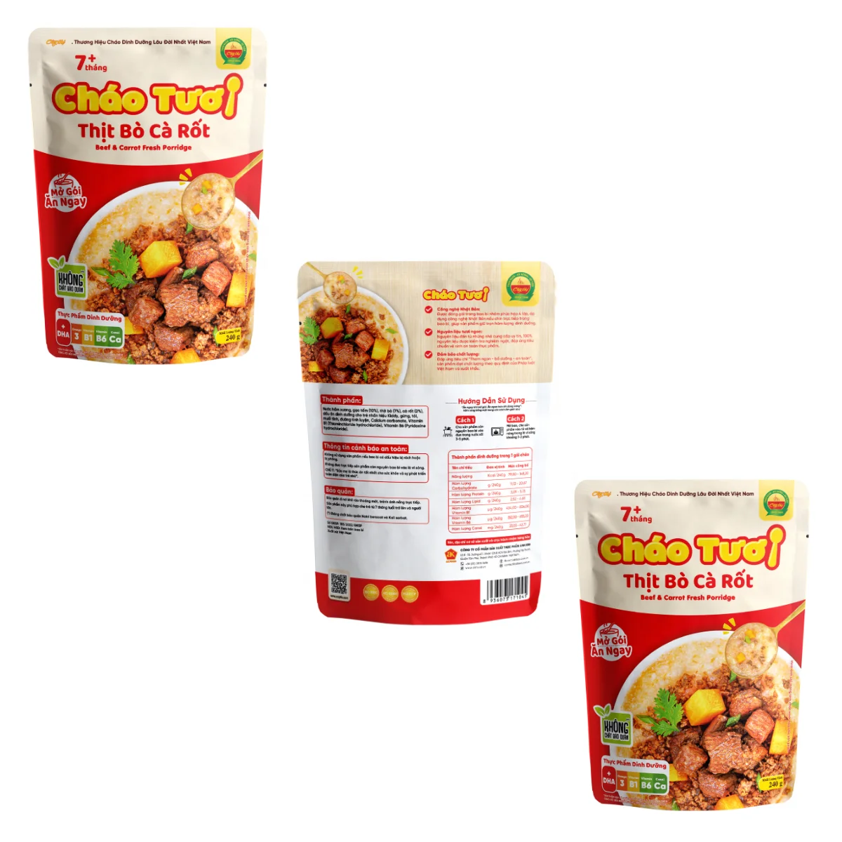 Top grade Beef & Carrot fresh porridge Ready to eat congee fresh beef meal retort pouch cheap Vietnamese Manufacturer
