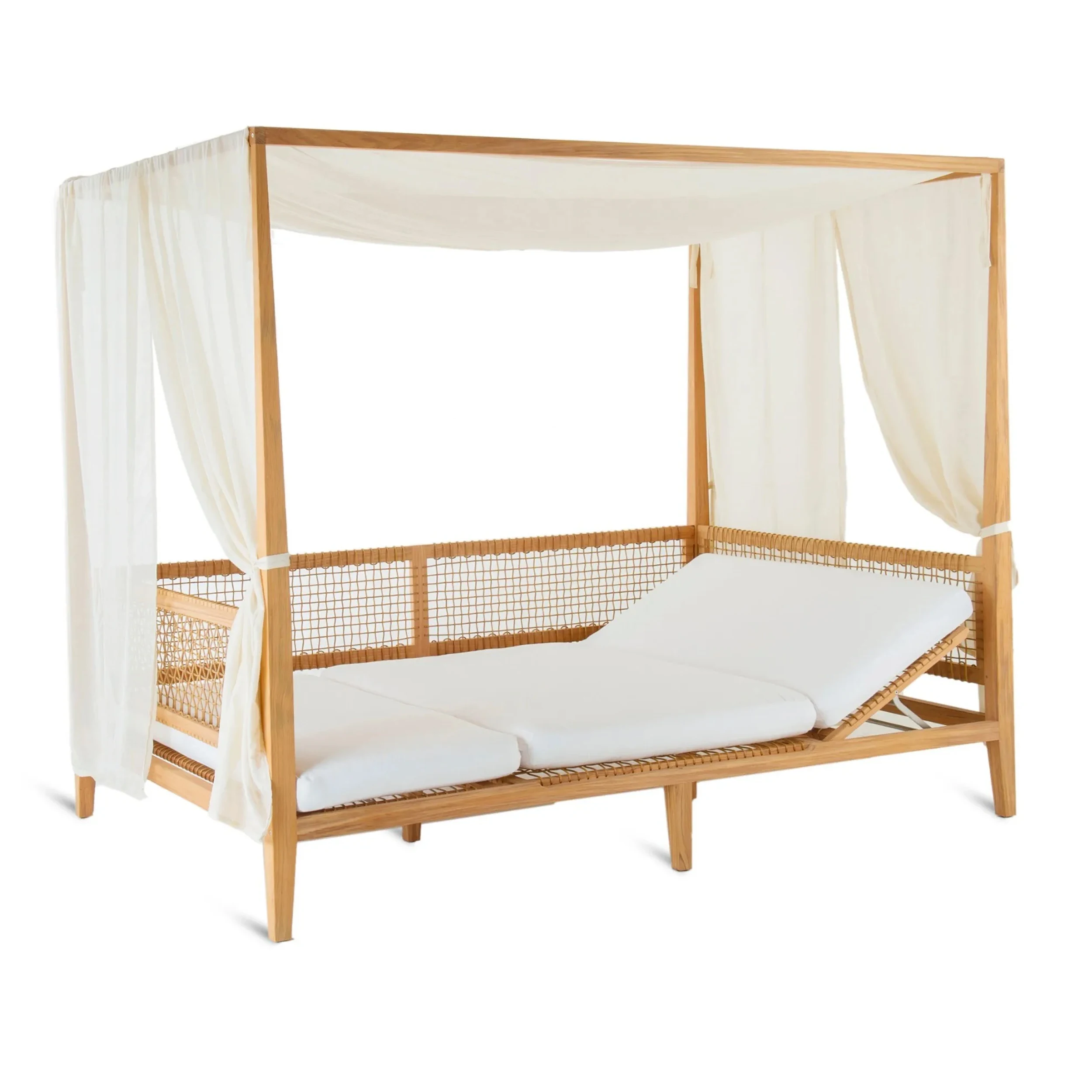 Teak Wood Outdoor Sun Daybed with Canopy and Synthetic Rattan-Tii