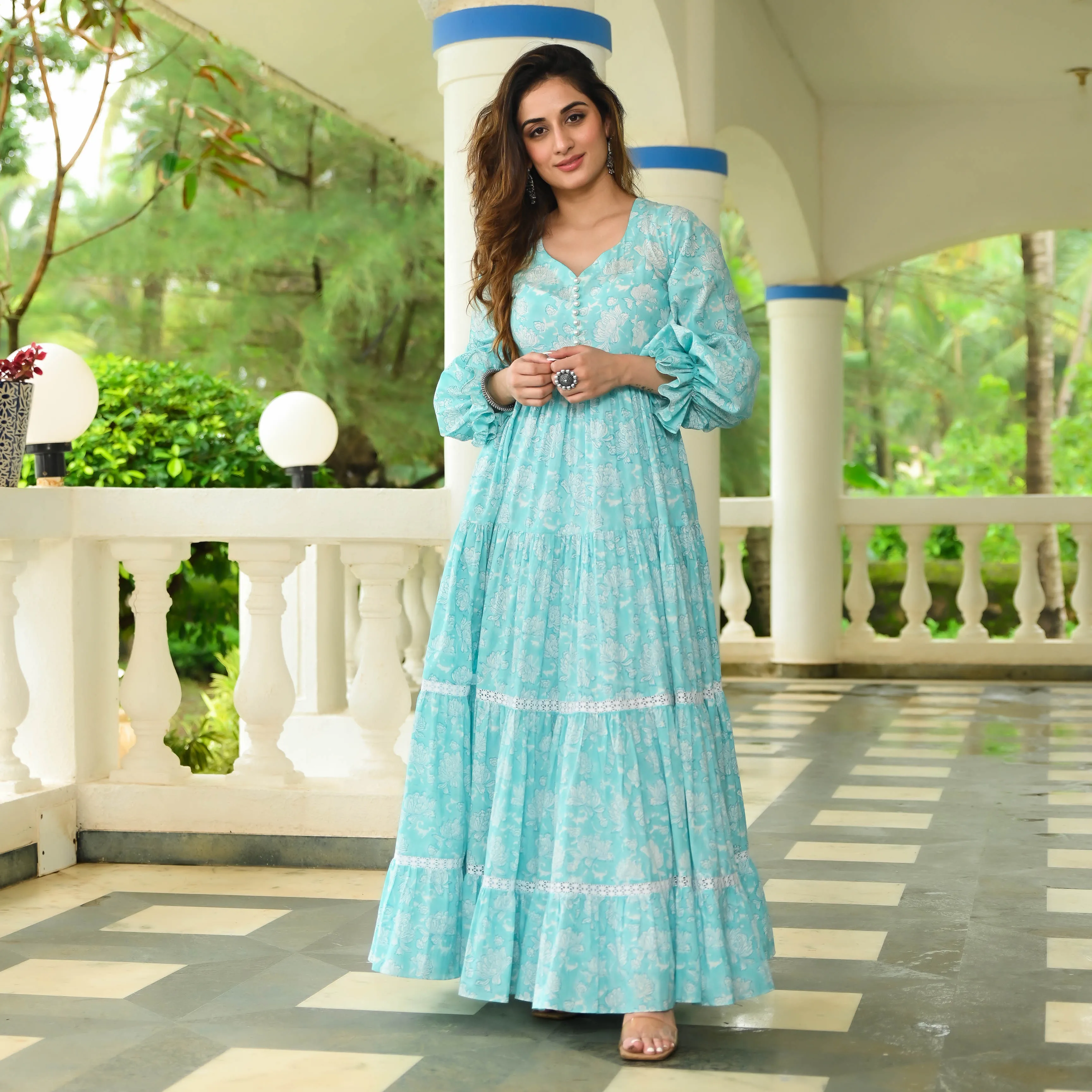 Модные индийские платья для женщин цветочный принт длинный рукав v-образный вырез длина в пол вечернее платье Макси