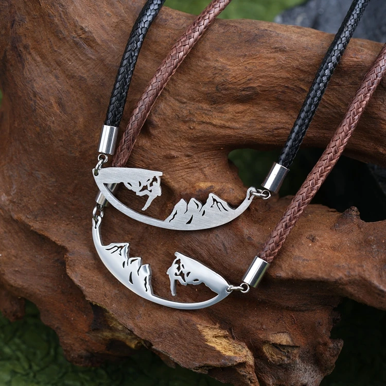 Designed Hollow Round Rock Climber Boy Pendant Climbing Jewelry Necklace Stainless Steel Thick Leather Cord Necklace For Men