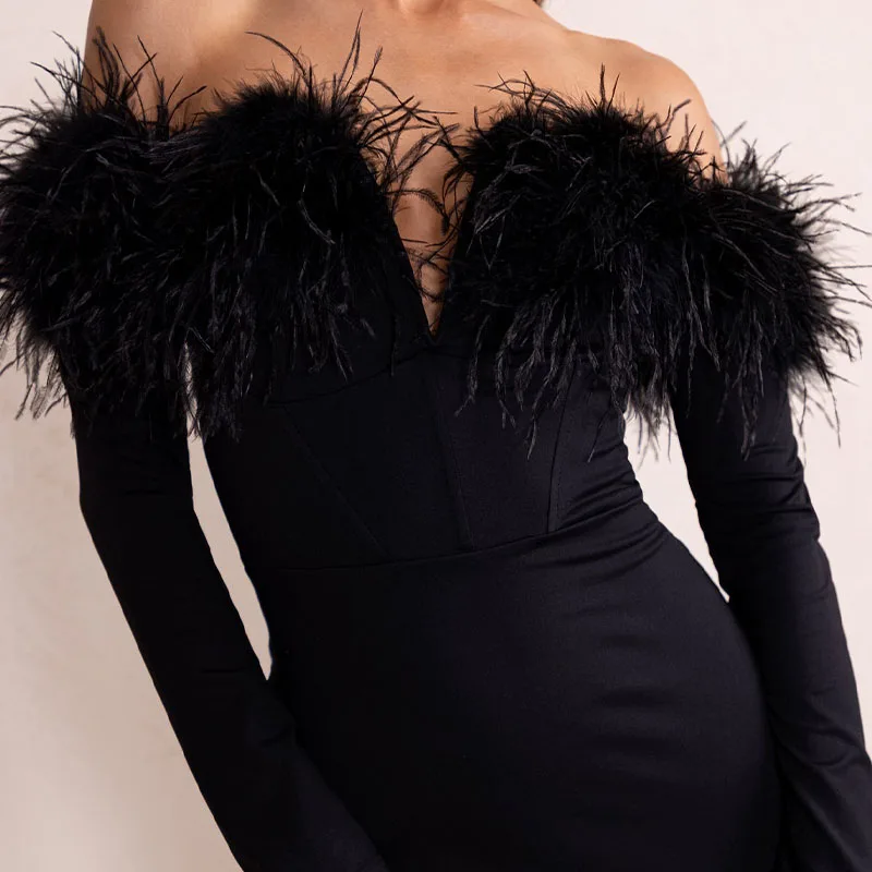Plunge Neck Bardot Feather Trim Detail With Black Backless Off Shoulder Premium For Women Evening Long Sleeve Sexy Mini Dress