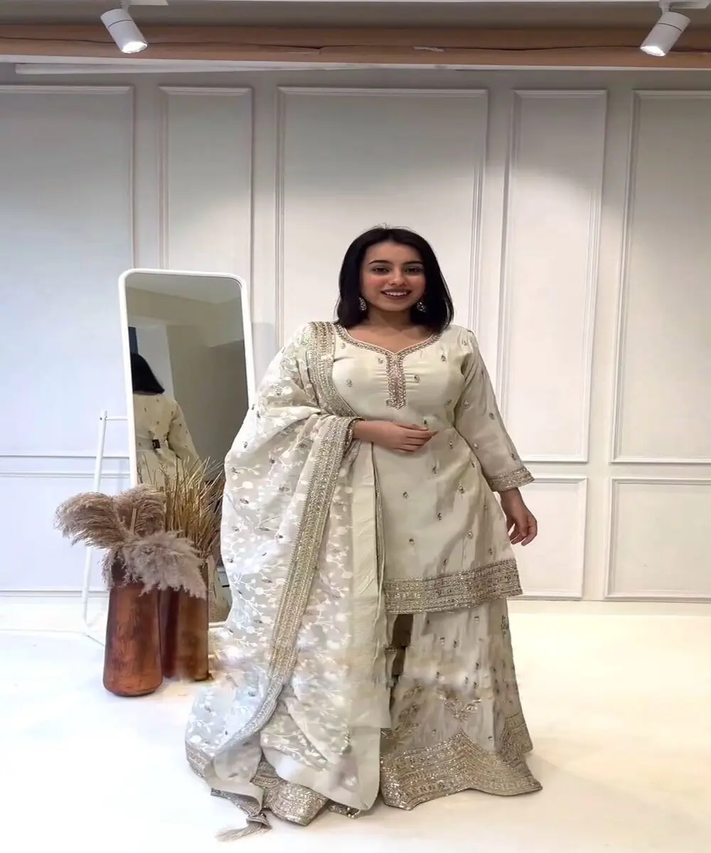 Fashionable georgette embroidery coding sequence thread work wholesale price ethnic garment textile store wholesale market