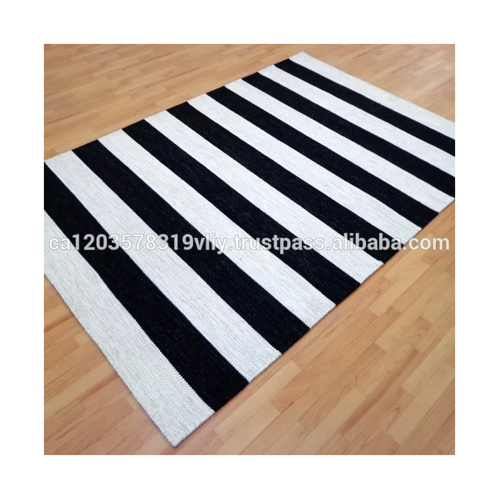 Carpet Rugs Handmade Dhurrie Indian Stripe Flat Weave Wool Black White Classic Rectangle Black & White / Customisable IN;34648