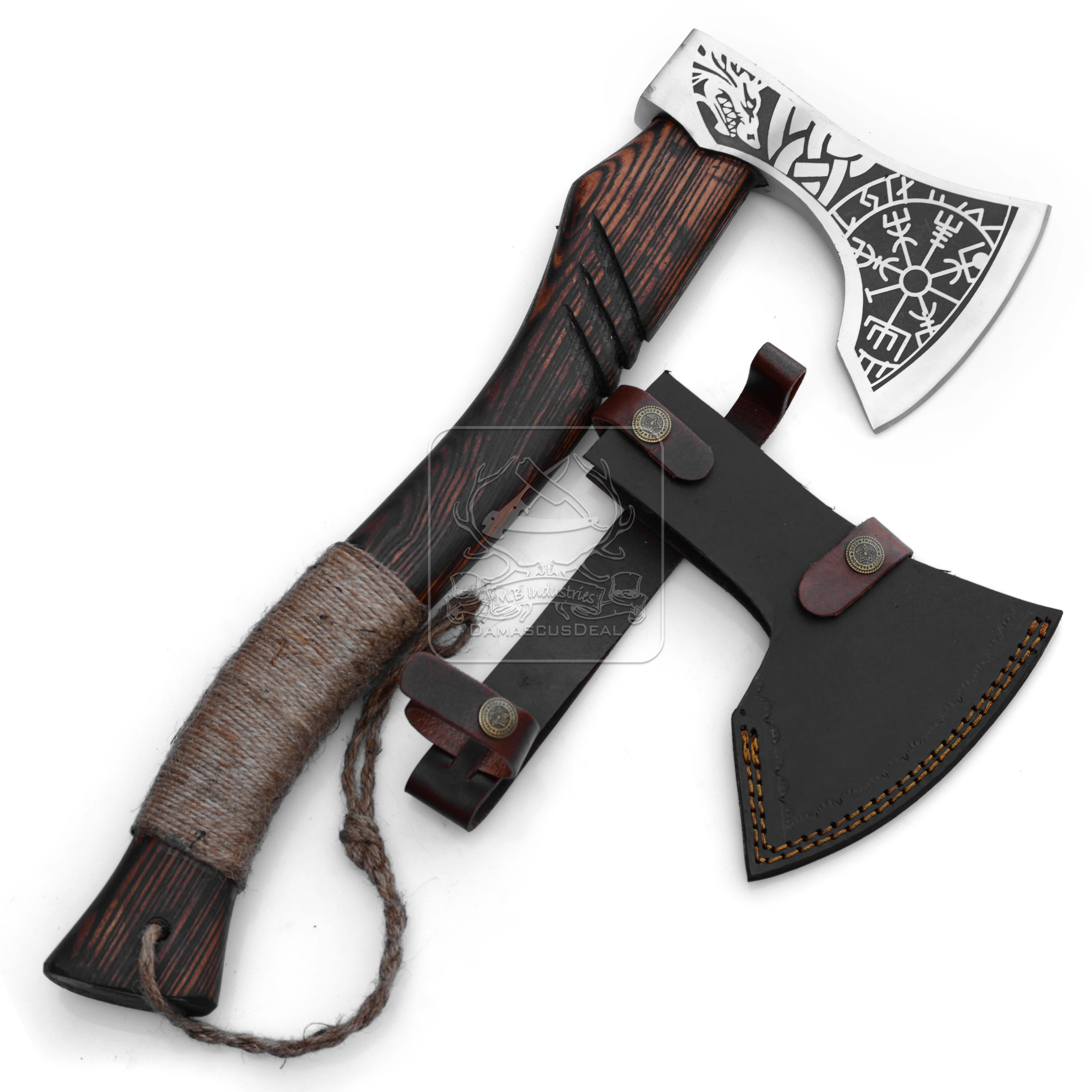 Viking Axe Tomahawk Hatchet DD-VikingAxe-139 handmade intricate etching designs on the bearded blade & engraved hardwood handle
