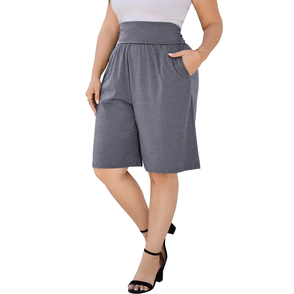 Wholesale Custom Plus size women casual stretch comfortable cropped straight shorts with high yoga waistband and side pockets
