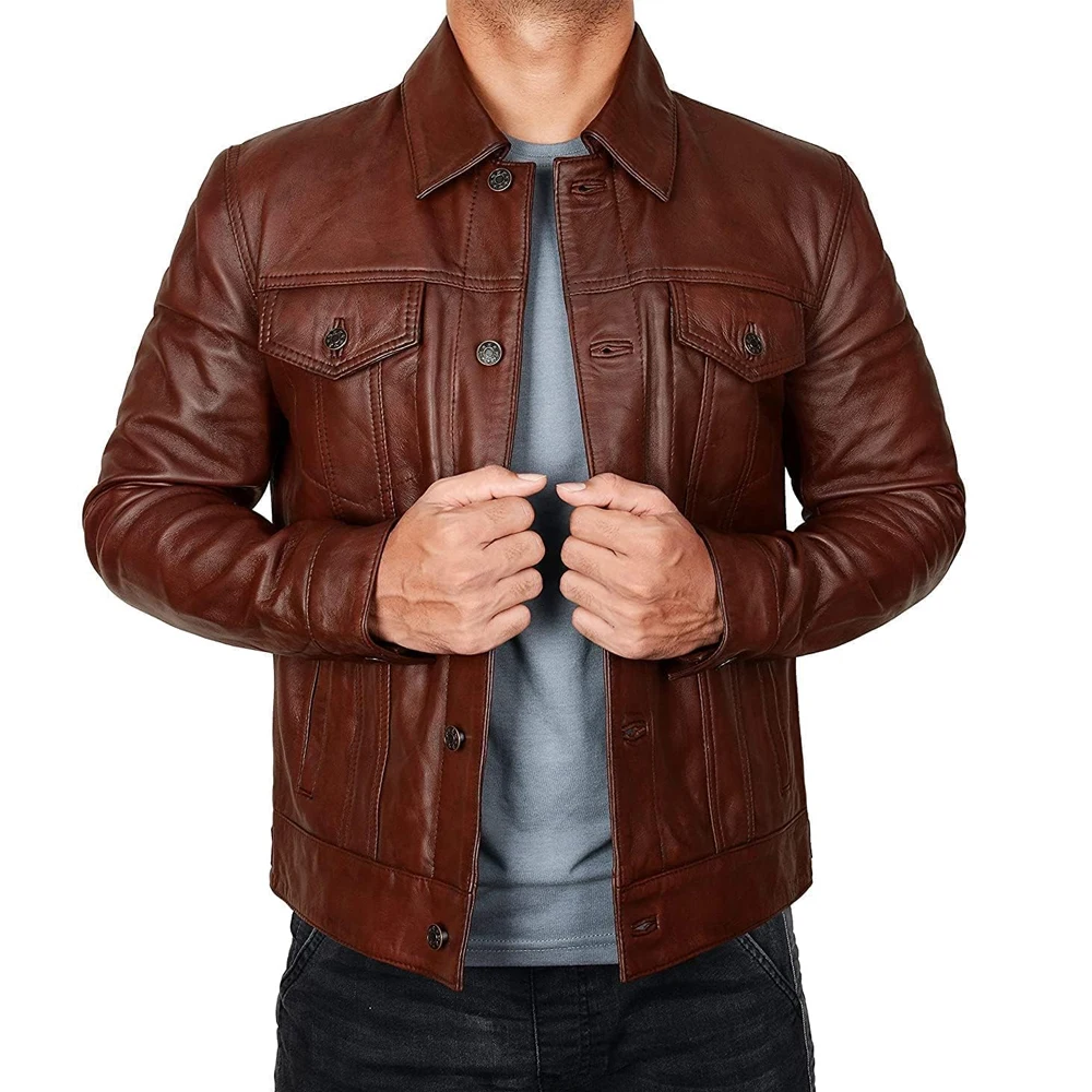 Custom Leather Jacket Fashion Winter New turn  down Collar Classic Mens Biker Motorcycle Leather Jacket