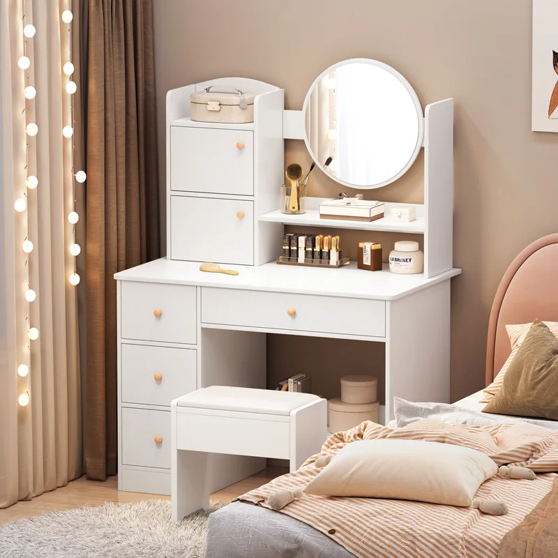 Bedroom Small Storage Cabinet Integrated Vanity With Drawers, Mirror And Stool Wooden Dressing Table Set