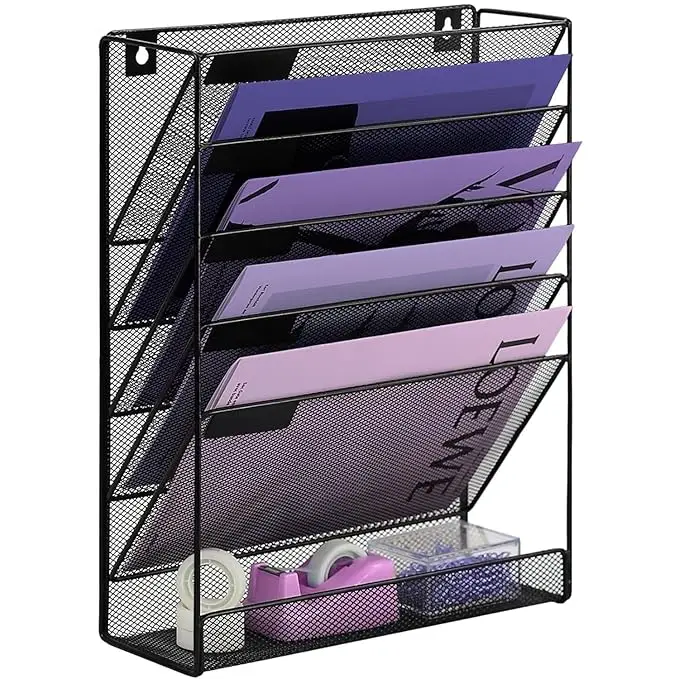 Magazine Stand Wall Mount Magazine Holder, Black Document Organizer Stand with Bottom Tray, Document Storage Rack, Save Space