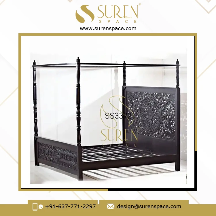 Solid Wood High Head Carving Bed Design Excellent Quality Handcrafted Bed for Hotels and Resort Available for Bulk Buyers