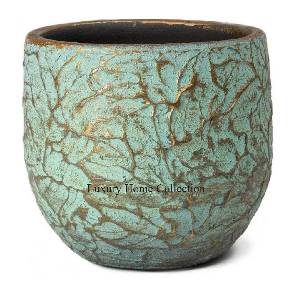 Pewter Cast Large Shape Flower Vase And Pots Sky Blue And Gold Color Kintsugi Texture Flower Display Vases