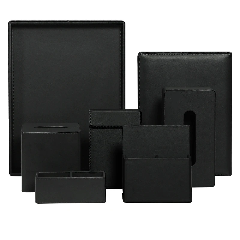 Hotel Leather Amenities 7-piece Set for Hotel Guest Room Leather Storage Set Hotel Leather Goods Supplier Custom