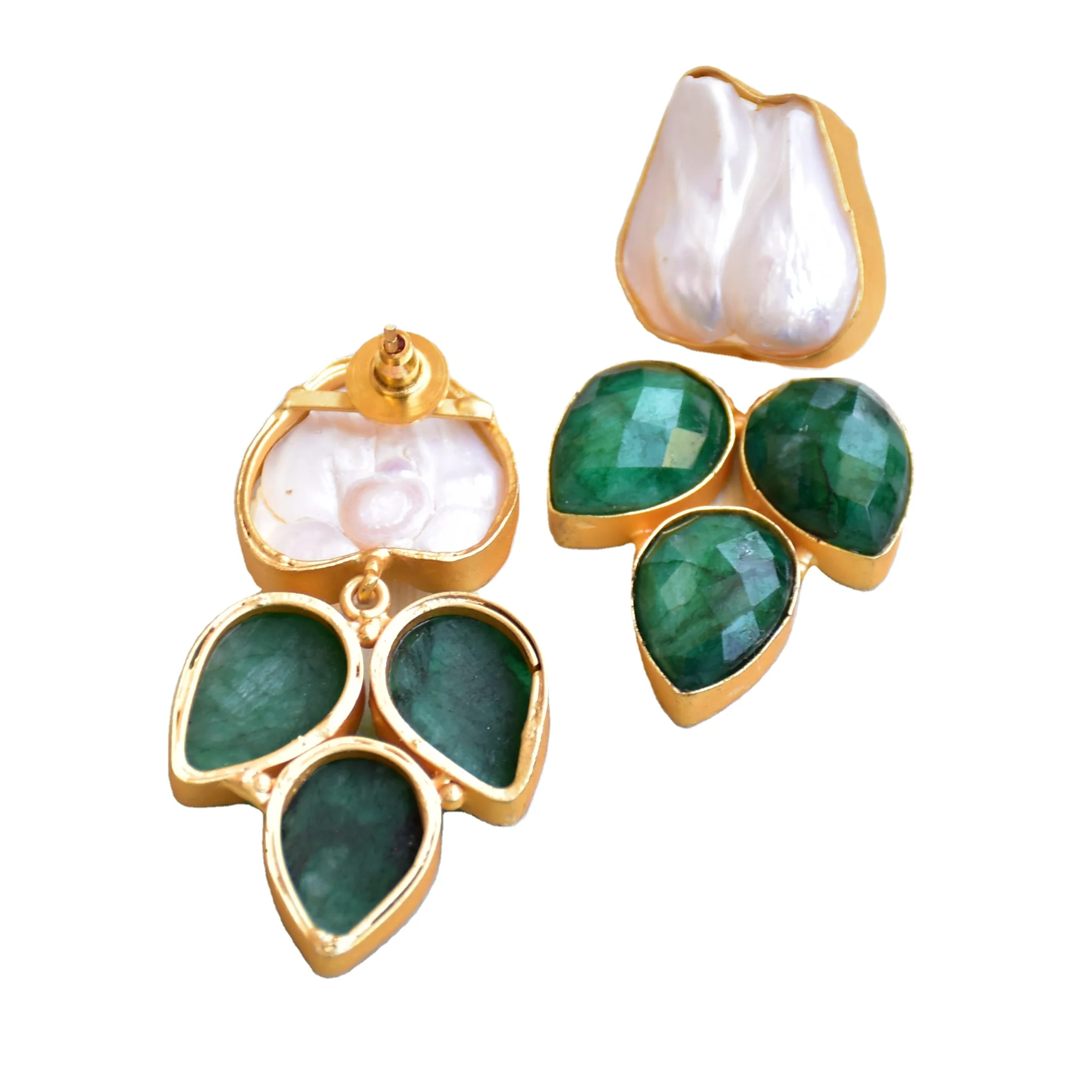 Green Statement Earrings with Pearl baroque drop Jewelry Model for Women Gold Plated Handmade dangle earring Stud Unique design