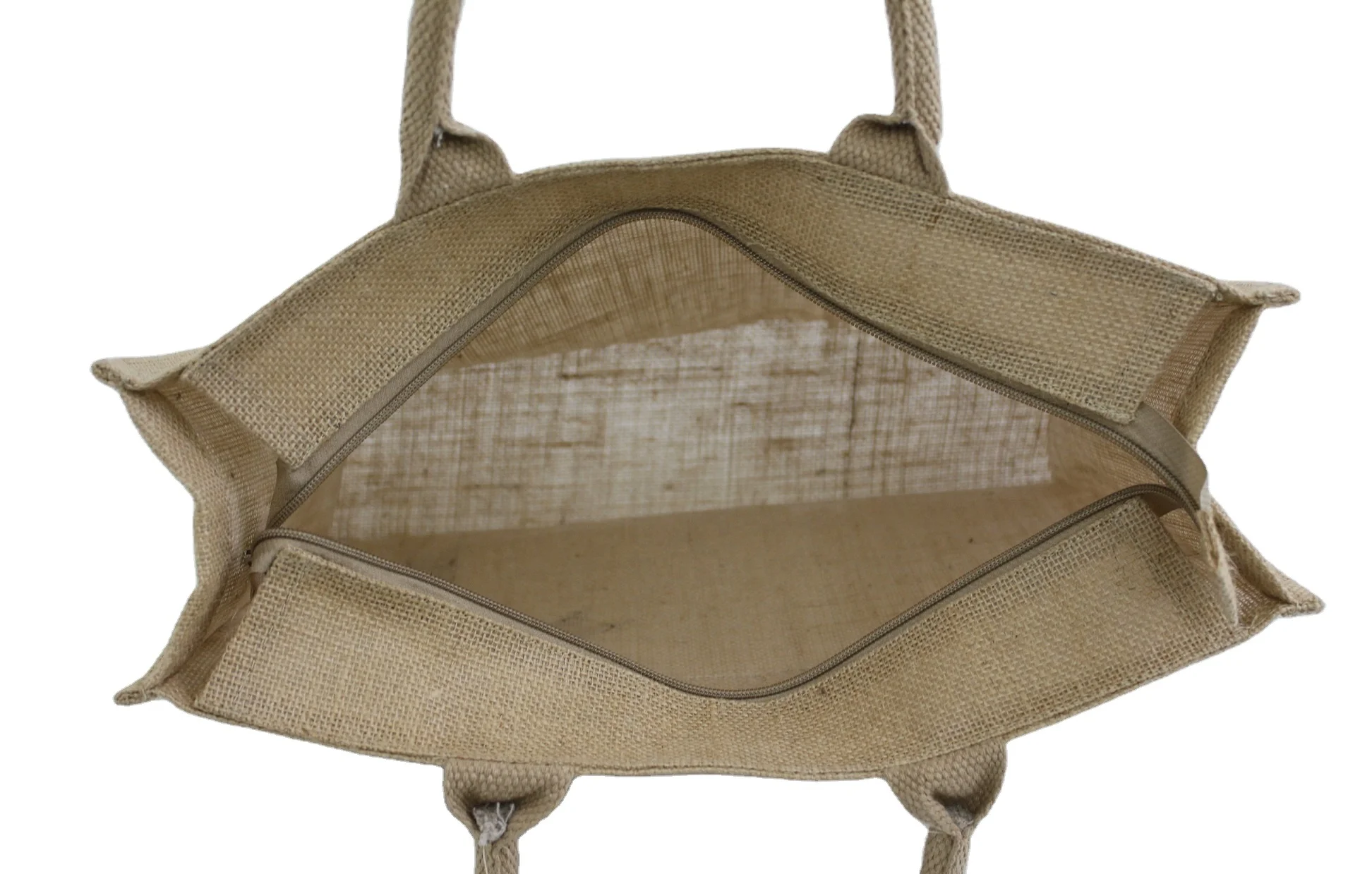 Zip Closure Designer decorative Satin Bow work PP Laminated Natural Jute Tote Gift Bag with padded Rope Handle