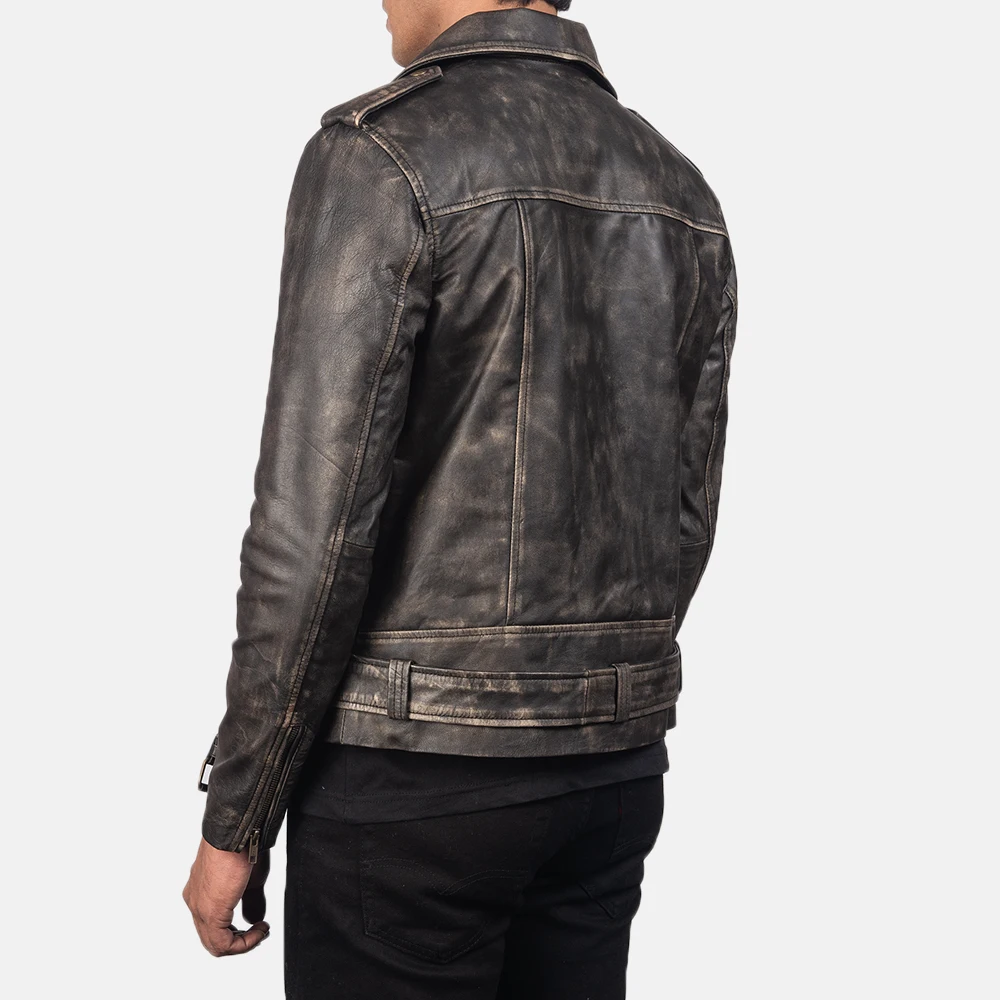 Allaric alley distressed brown leather jacket with closure style of zipper and waist belt 100% guarantee real goat skin leather