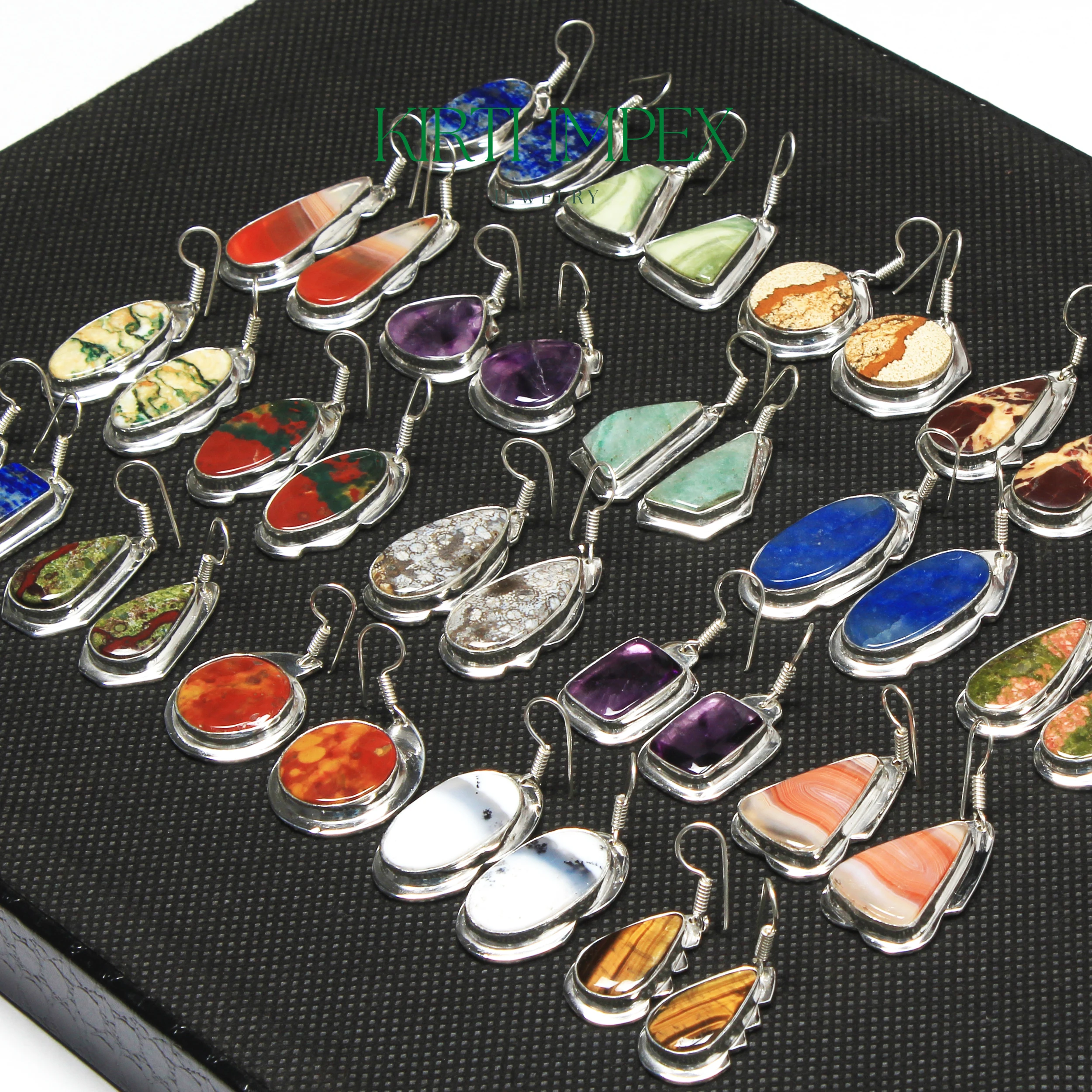 Wholesale Silver-Plated Gemstone Earrings Set - Assorted Crystal and Healing Stones for Women girls Bohemian Design Gem Eatrings