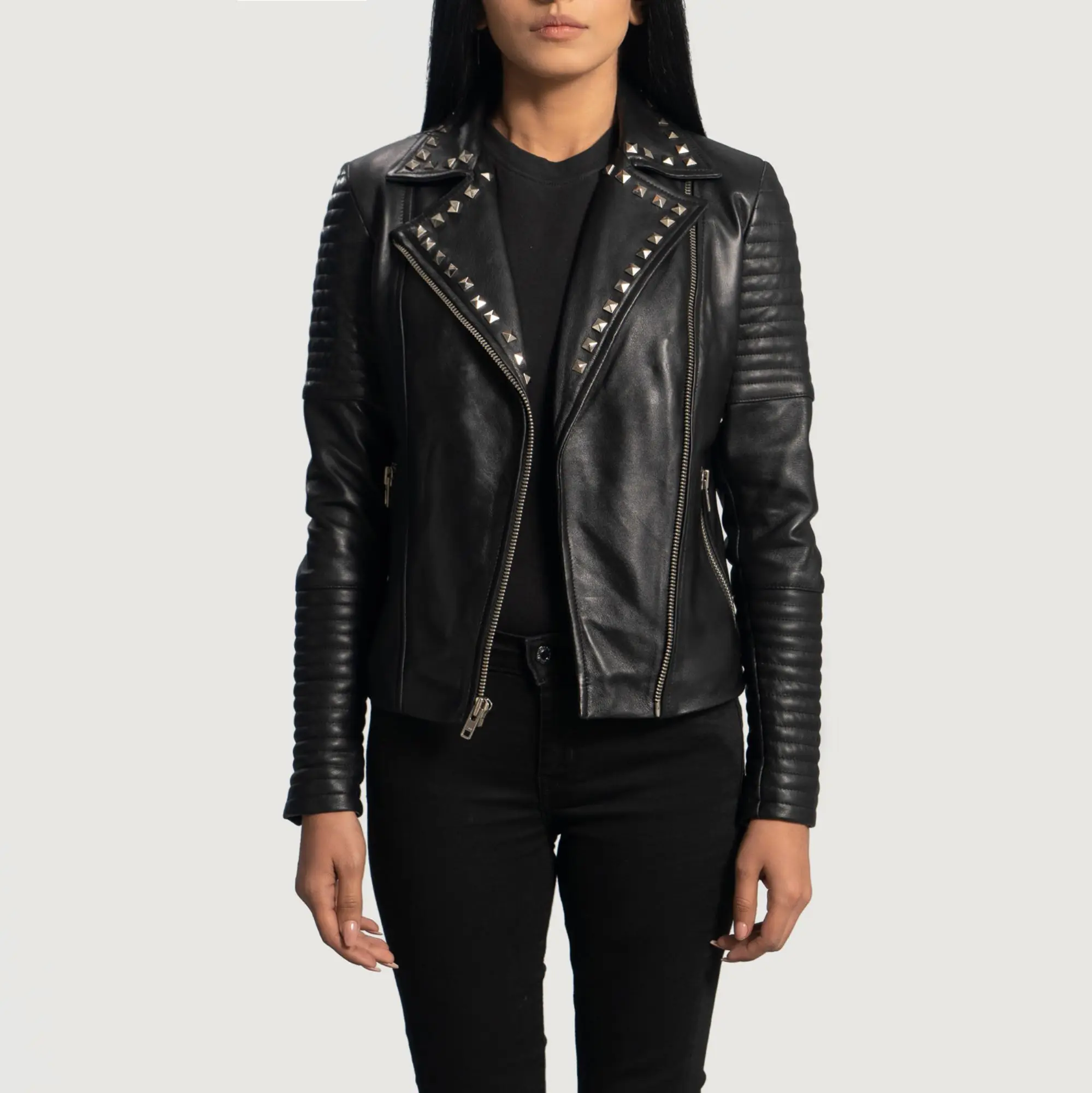 Real Leather Sheepskin Aniline Zipper Sally Mae Studded Black Women Biker Jacket with Quilted Viscose Lining and Inside Outside