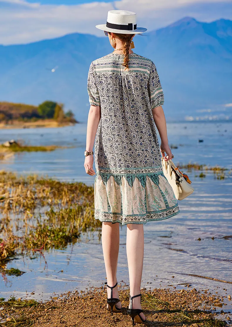 Wholesale bestseller floral blue dress for elegant lady