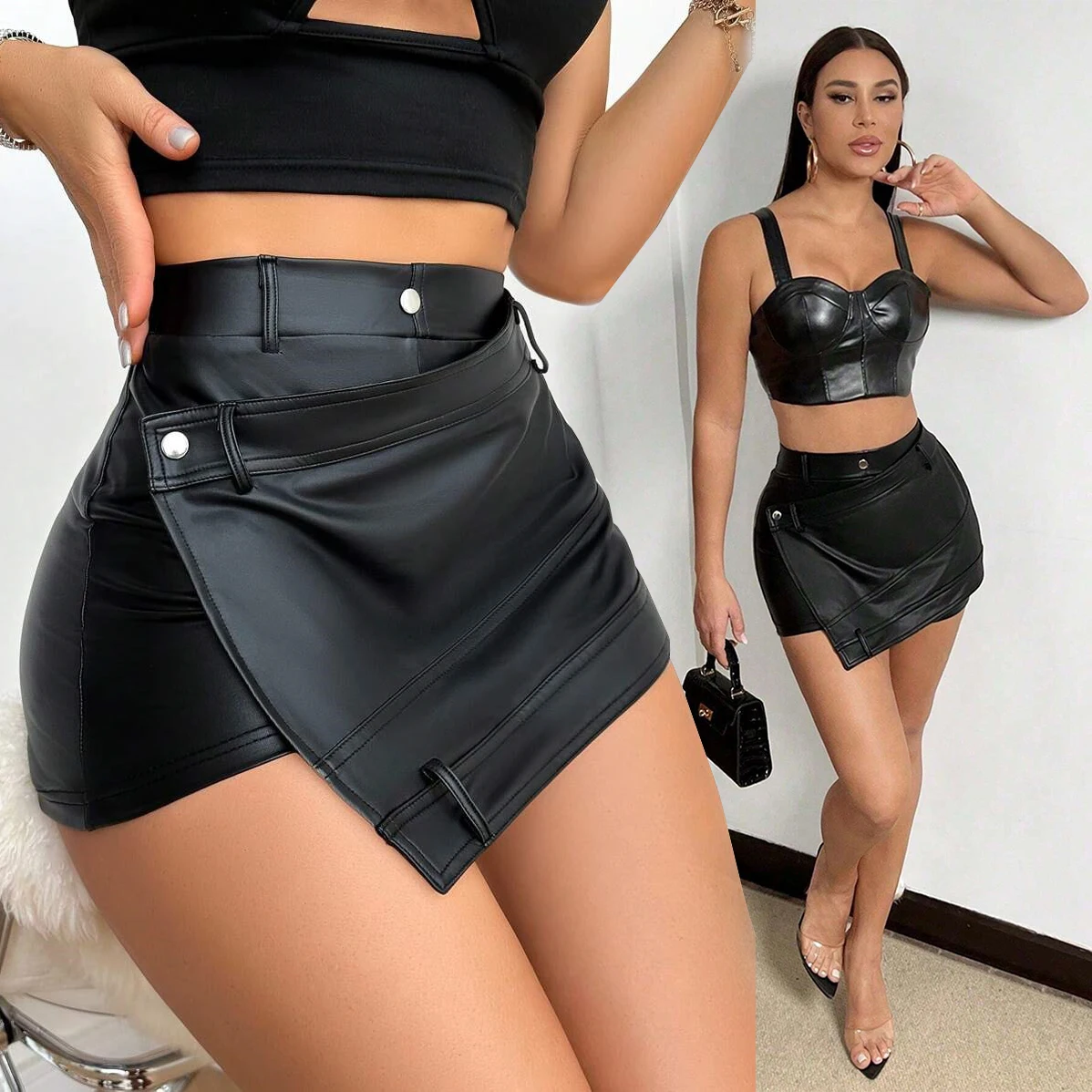 High Quality OEM  Genuine Leather Slayer Skirts For Women Under Skirt Dual Hem Street Fashion High Waist Club Party Mini Skirt