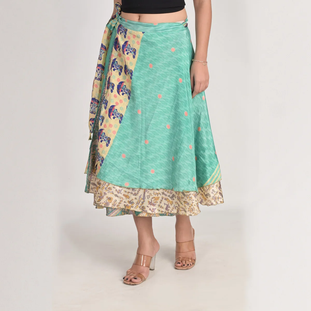Indian 2 Layer Printed New Art Silk Sari Recycled Long Magic Wrap Around Skirts