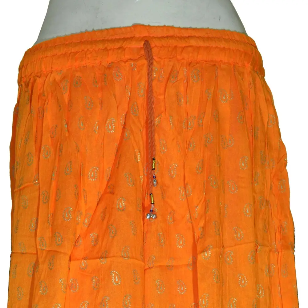 Hippie Bohemian Ethnic Handmade Hand Block Gold Printed Rayon Floor Length Gypsy Skirt Women Sexy Skirt Print Pattern Adults