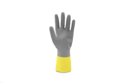 Soft and ergonomic grey over yellow household latex gloves latest color cotton flocklined for janitorial cleaning gardening