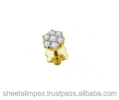 At Discount Price Round Cut Diamonds Gold Nose Pin Yellow Gold Stud Nose Pin With Excellent Real Round Diamond
