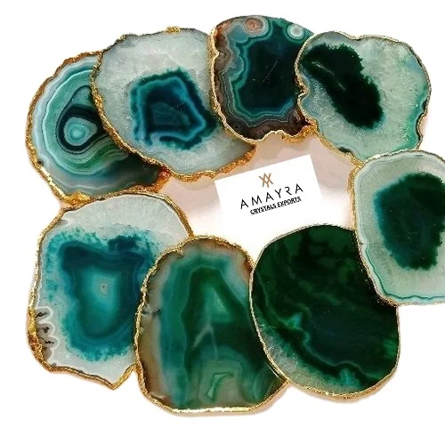 Natural Agate Coasters   Green Color Geode Coasters With Golden Plating  Buy Online From Amayra Crystals Exports