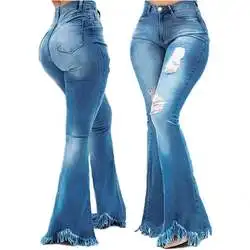 Wholesale Denim Stretch Slim 2023 New Trendy Plus Size Ripped Jeans Torn Washed Fit Flared Trousers Women High Waist Jeans