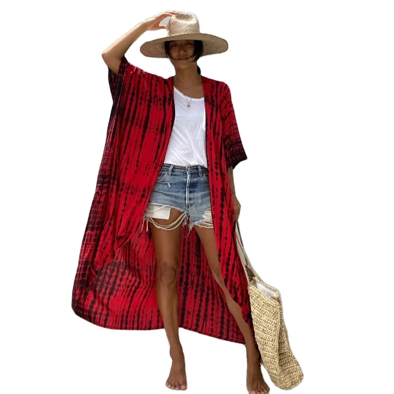 Boho Kimono Long Sleeves Handmade Tie Dye Vacation Summer Maxi Dress Resort Wear Silk Kimono Maxi Wrap Beach Cover Up Dress