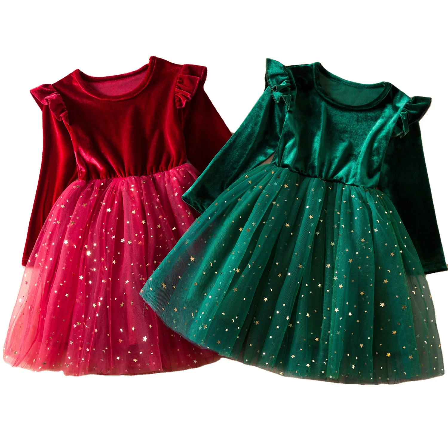 High quality autumn winter kids girls sequin dresses flutter velvet long sleeve glitter Christmas ruffle tulle princess dress