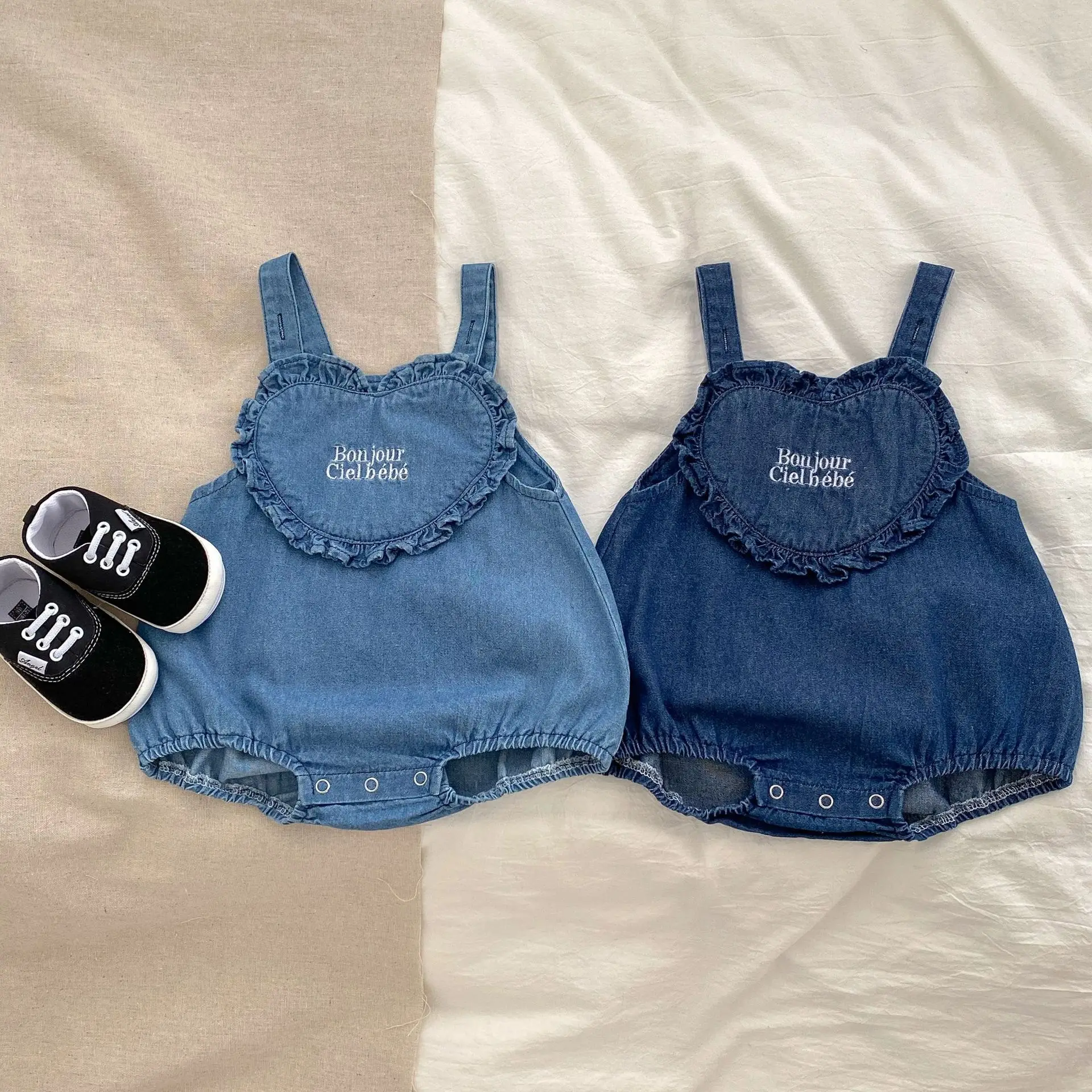 2023 Wholesale Custom Logo Embroidery Baby Toddler Children Clothes Kids Fashion Denim Overall sleeveless Jumpsuit Romper