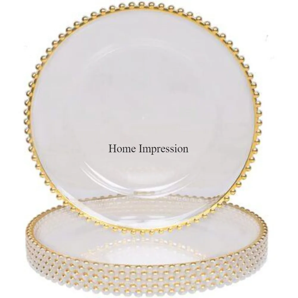 New Arrival Transparent Glass Mirror Plate With Gold Plated Metal Balls Designer Frame Attractive Look Round Shape Charger Plate