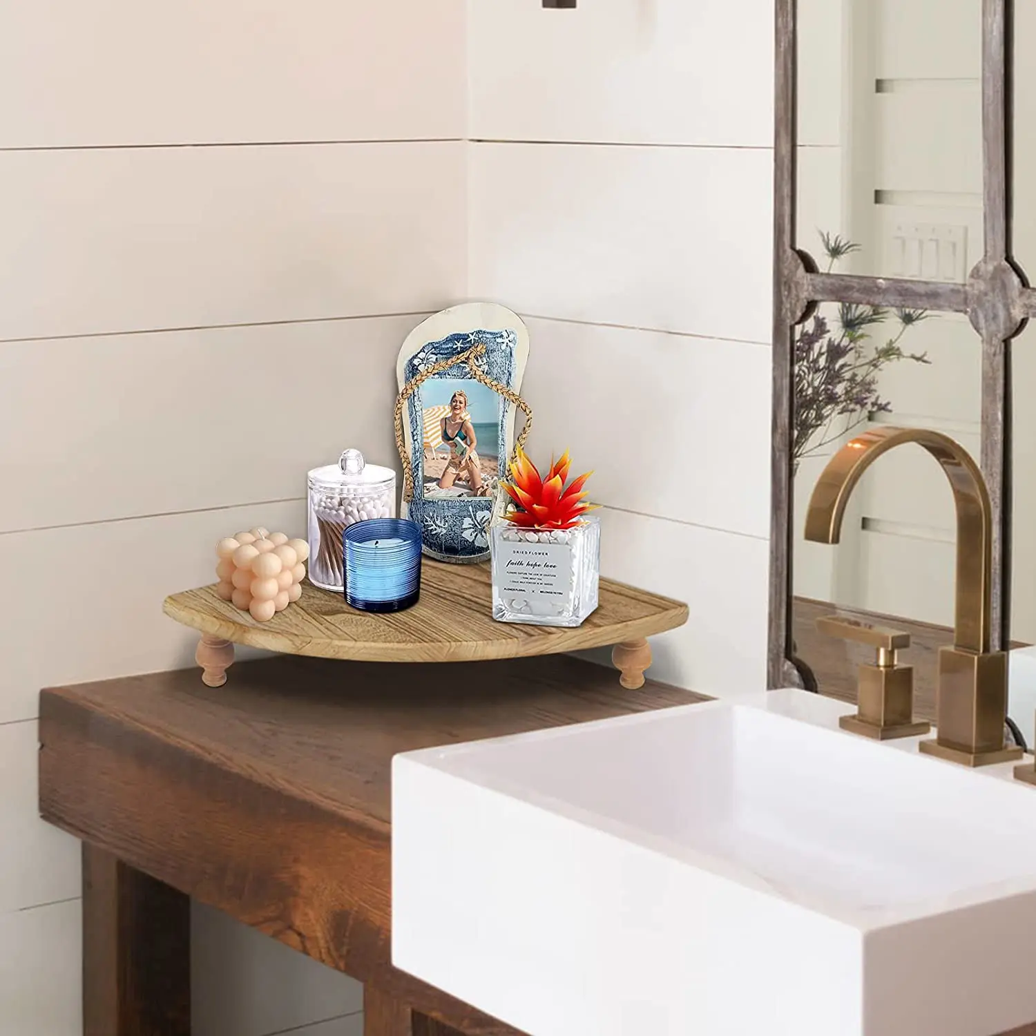 Home Kitchen Wooden Corner Raiser for Household Counter Shelf Rustic Brown Pedestal Stand Farmhouse Corner