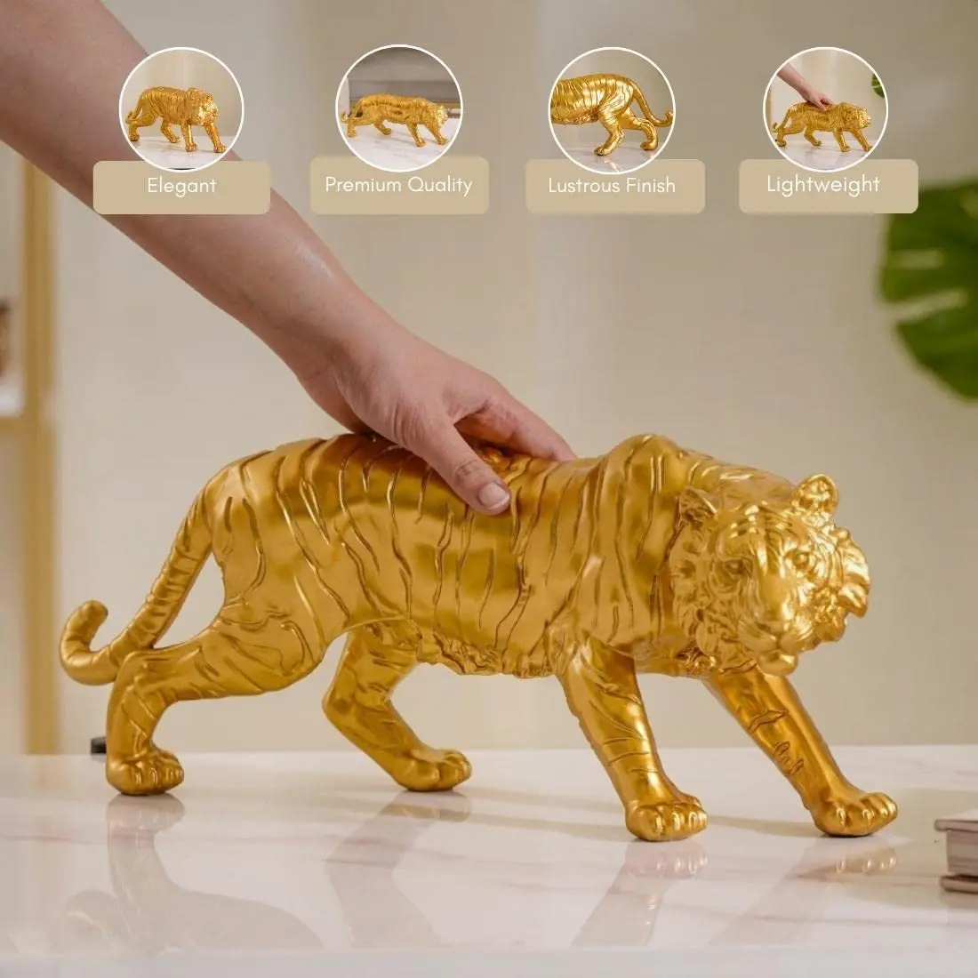 Golden Royal Bengal Tiger Resin Showpiece with Smooth Metallic Finishing for Home Decor Living Room Perfect for Gifting