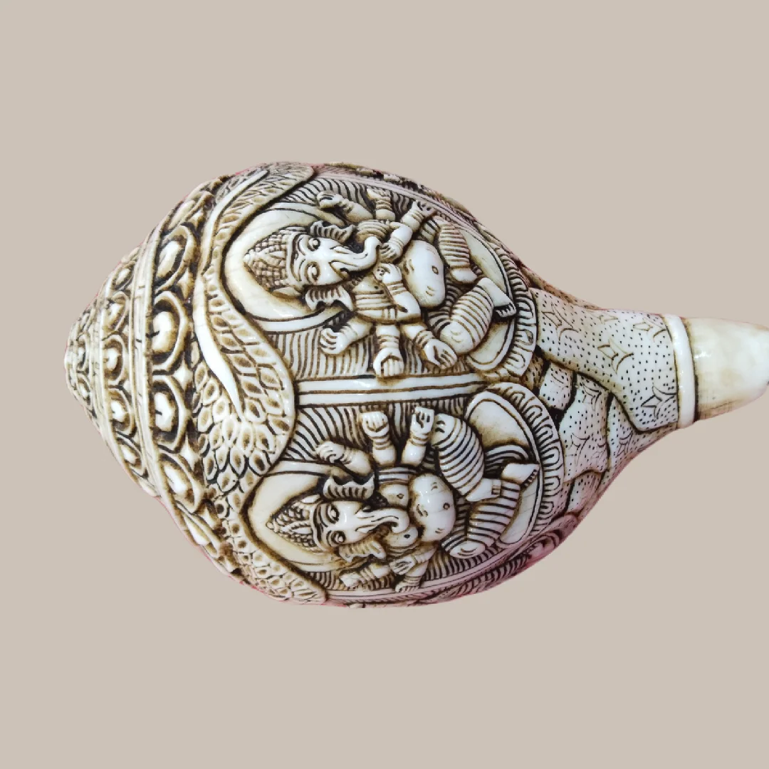 Panchamukhi Ganesh Carved Conch Shell Decor Handicraft Ivory Religious Buddhist Art Raw Technique with Animal and Cross Style