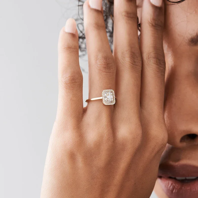 High Quality Baguette Diamond Ring 14k 18k Solid Gold Illusion Setting Unique Vintage wedding Engagement natural diamond Ring