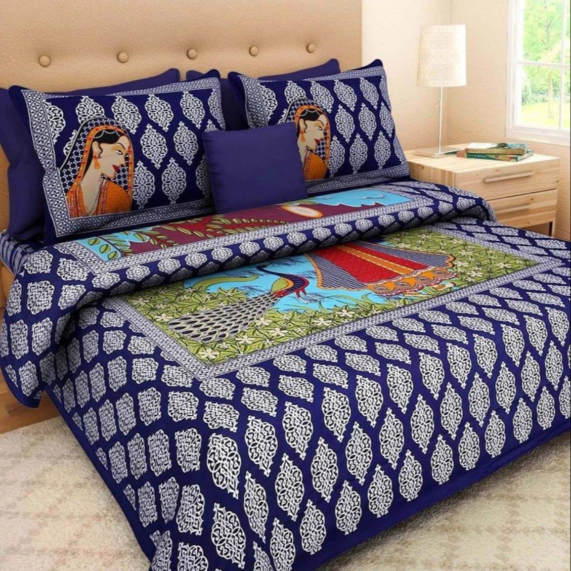 Rajasthani Jaipuri Traditional Sanganeri Print 144 TC Cotton Double Size Bedsheet with 2 Pillow Covers