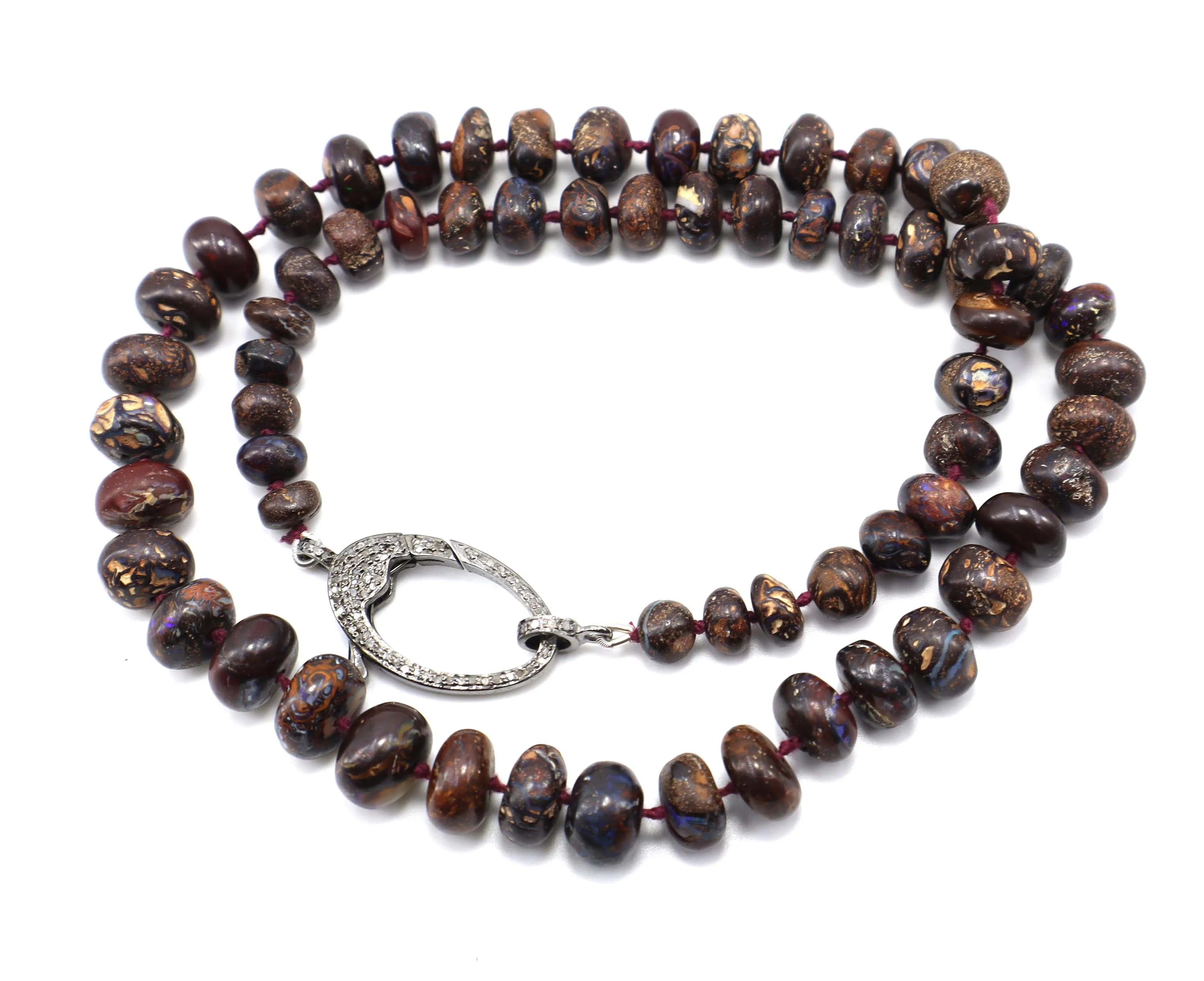 925 Sterling Silver Natural Boulder Opal Smooth Roundel Beads Necklace Beads Lock Pave Diamond Necklace Beads 20 Inch