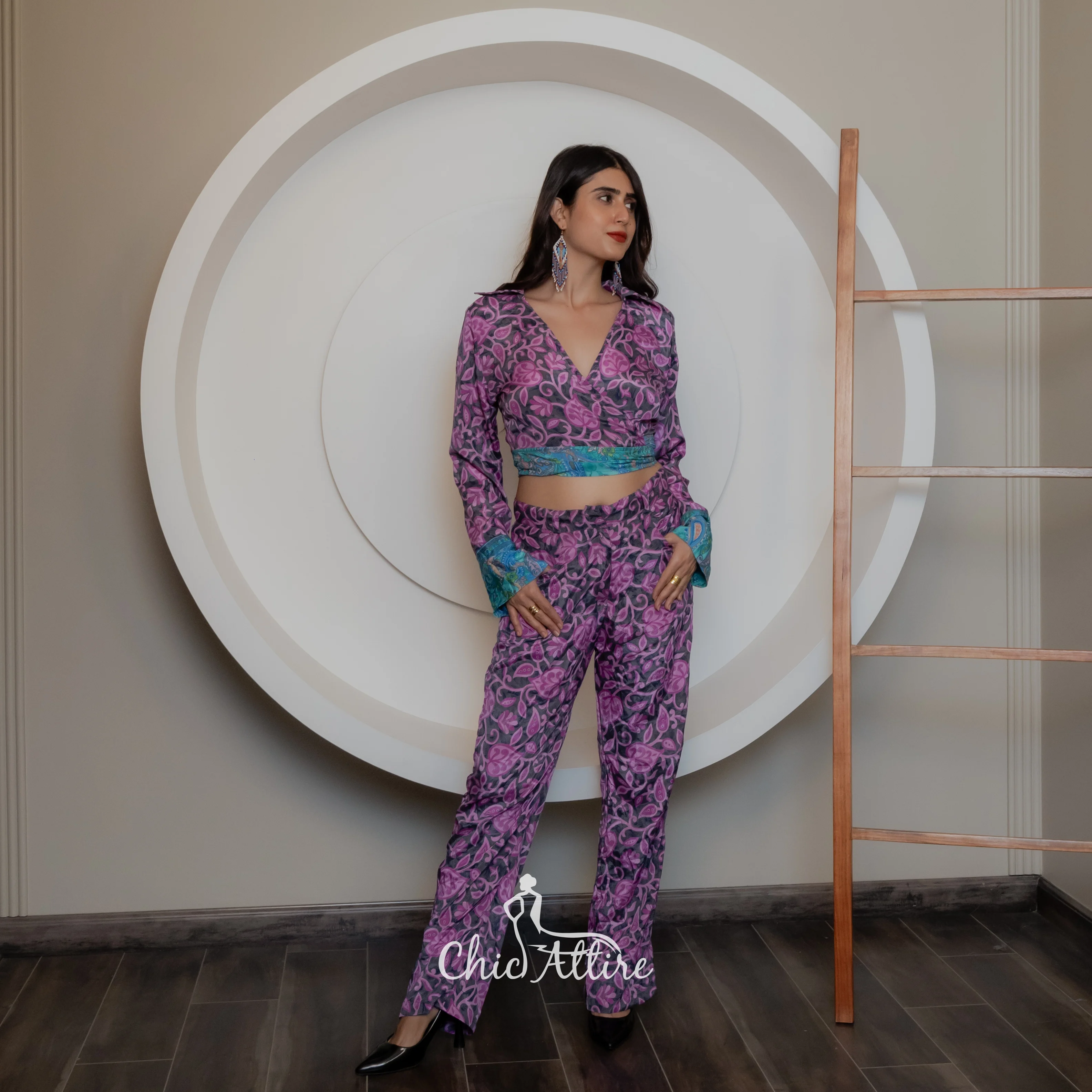 Stylish Boho Printed Wrap Trouser for Women Purple Perfection with Smiling Bee Long Two-Piece Outfit Featuring Trendy Design