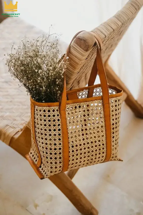 Beautiful Leather Handle Rattan webbing cane bag Wholesale price and Free Sample