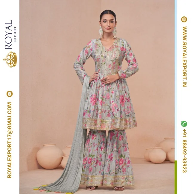 New Designer Real Chinon Digital Print Salwar Kameez With Embroidery Work And Same Work On Bottom And Dupatta