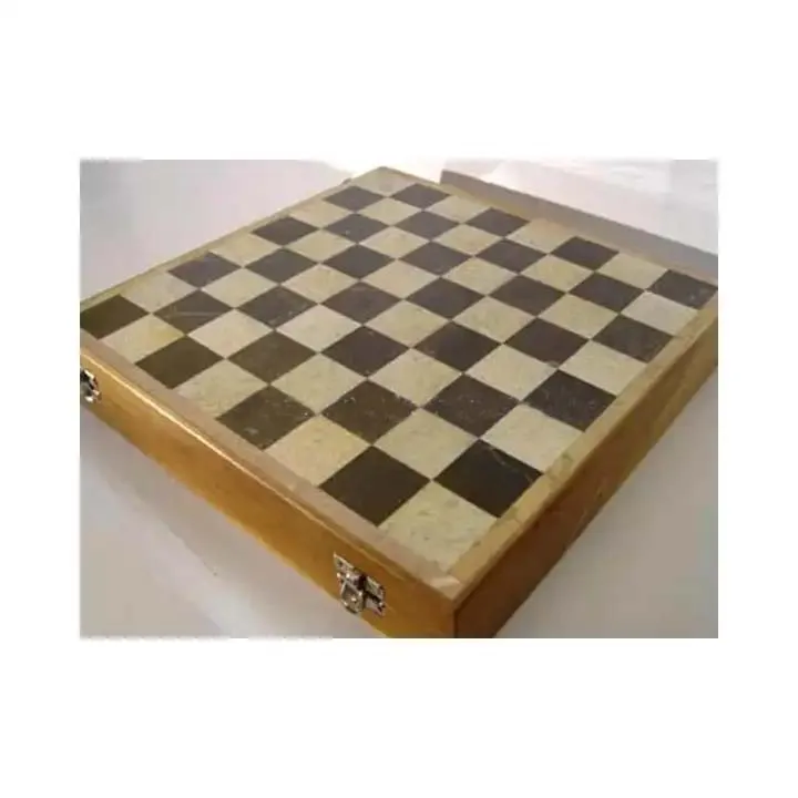 Handmade Wooden Chess Board with Stone Coins Square Shape Polished Finish for Home Decor and Play-Unique Model Gift