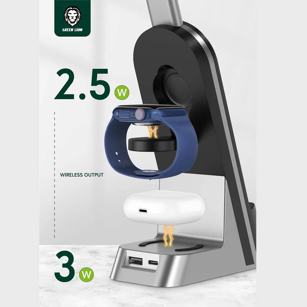 Green Lion 7 IN 1 Dual Coil Wireless Charger -LED Nightlight -Clock applicable for phone watch earphone  Max 15W