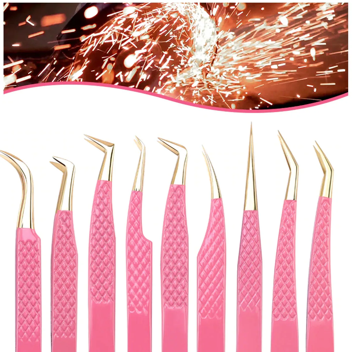 Pink Color Fiber Tip Eyelash Tweezers Colt Volume Diamond Grip Tweezers Stainless Steel Extension Eyelash Tweezers