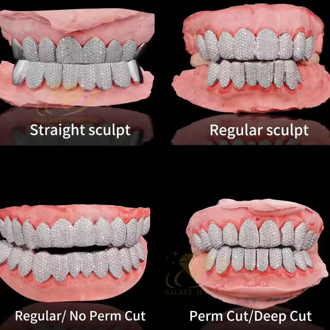Hip Hop Grillz 10 Top 10 Bottom 925 Solid Silver Iced Out Grills Teeth Custom Punch Cut Men Gold Diamond Dust Cut Grillz