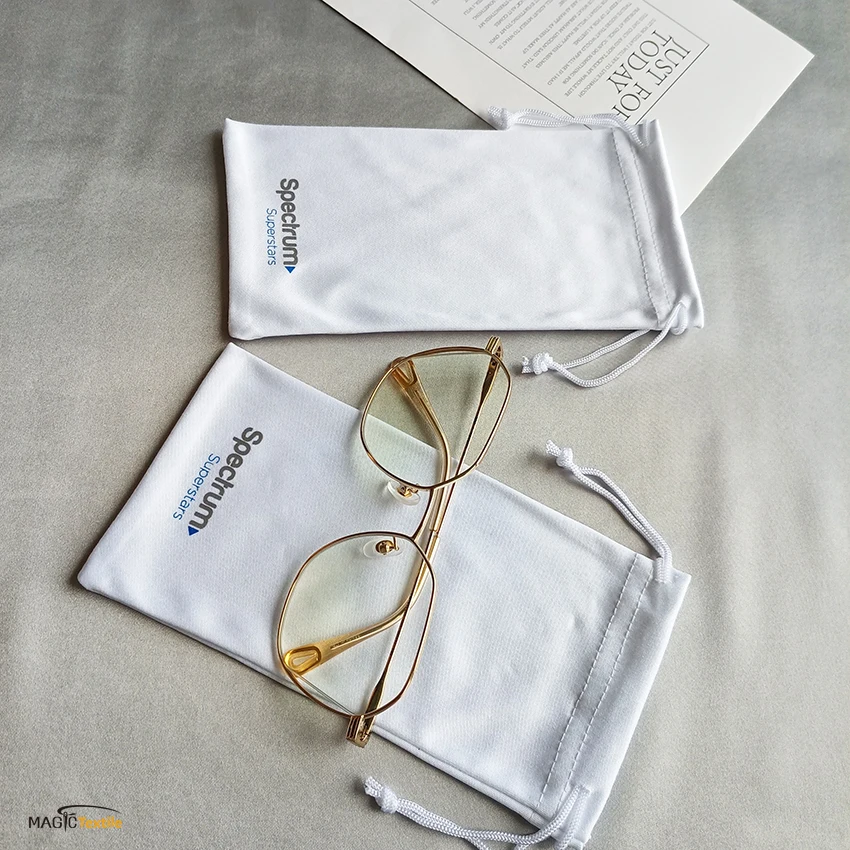 Wholesale White Luxury Drawstring Microfiber Packaging 180gsm Eye Glasses Sunglasses Pouch Bag And Cloth With Logo