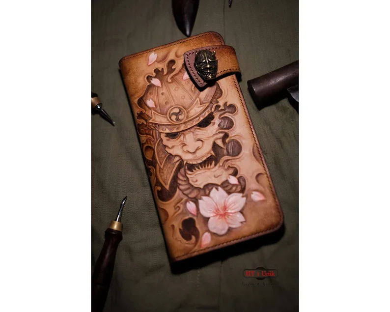 High Quality Leather Wallet Hand-Embroidered Japan Samurai Long  Biker painted Wallet At Wholesale Manufacturer
