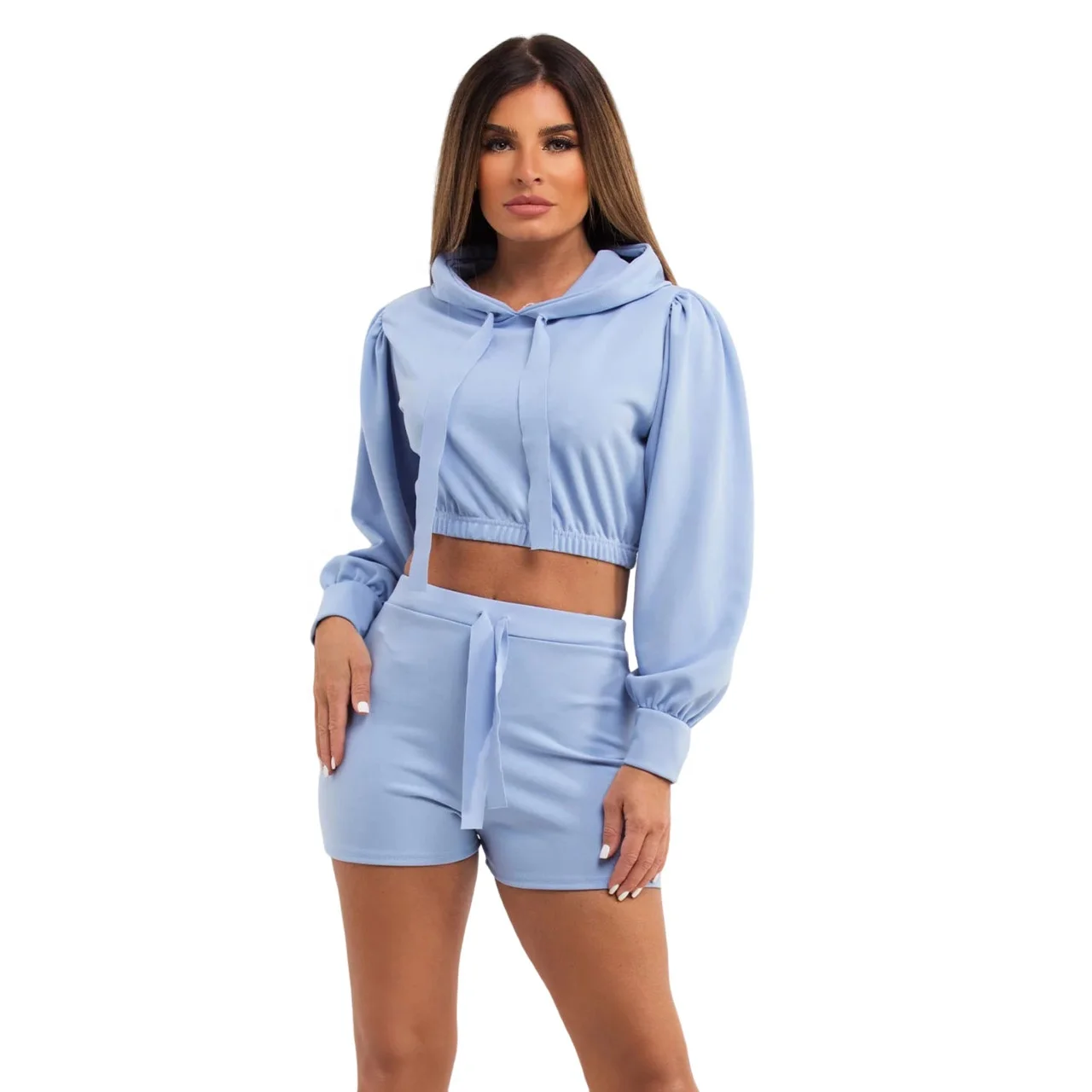 Baby Blue Crop Hoodie And Shorts Set Fashionable Crop Top Hoodies Women Two Piece Set Slim Fit Women Crop Hoodies And Shorts
