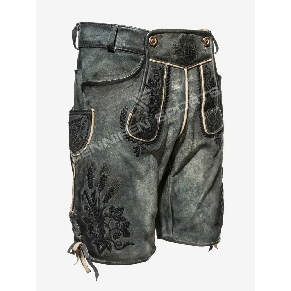 Popular Fashion Bavarian Men Lederhosen Short Cowhide Suede Leather Front Embroidery Sides&Backside Pockets With Belt Loops